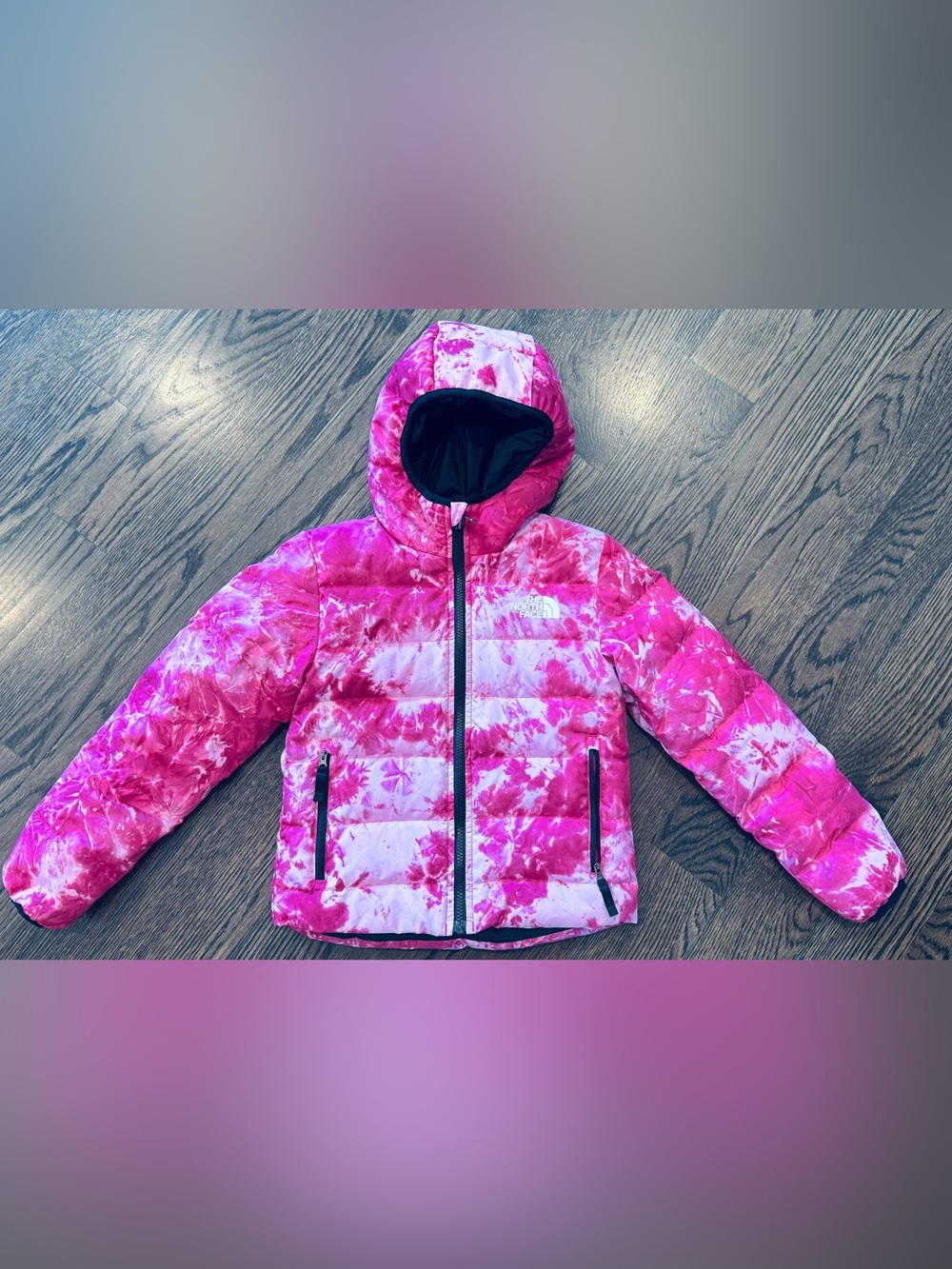 The North Face Reversible Pink Tie-Dye Puffer Hooded Jacket Size S (7/8)